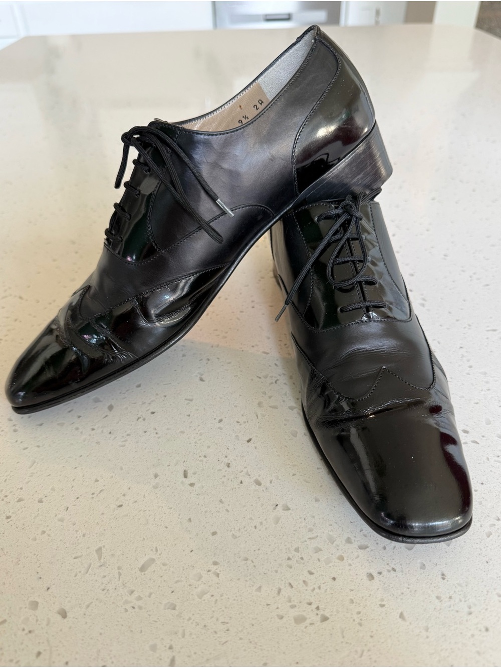 Salvatore Ferragamo Black Leather Lace-Up Wingtip Heels, Very narrow foot.